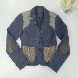 Elizabeth and James Sz 6 Denim Tweed Riding Jacket Blazer Elbow Patch Button